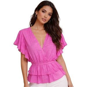 Marc New York Pink Flowy Rayon Peplum Blouse | Flutter Sleeve V-Neck | Medium